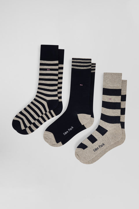 Set of three pairs of grey and navy striped socks - Image 1