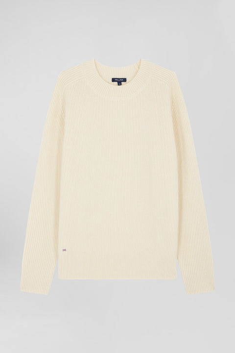 Plain round-neck sweater in beige wool and cashmere, regular fit - Image 1