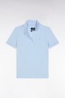 Short-sleeved polo shirt in sky blue Pima cotton piqué with striped accents