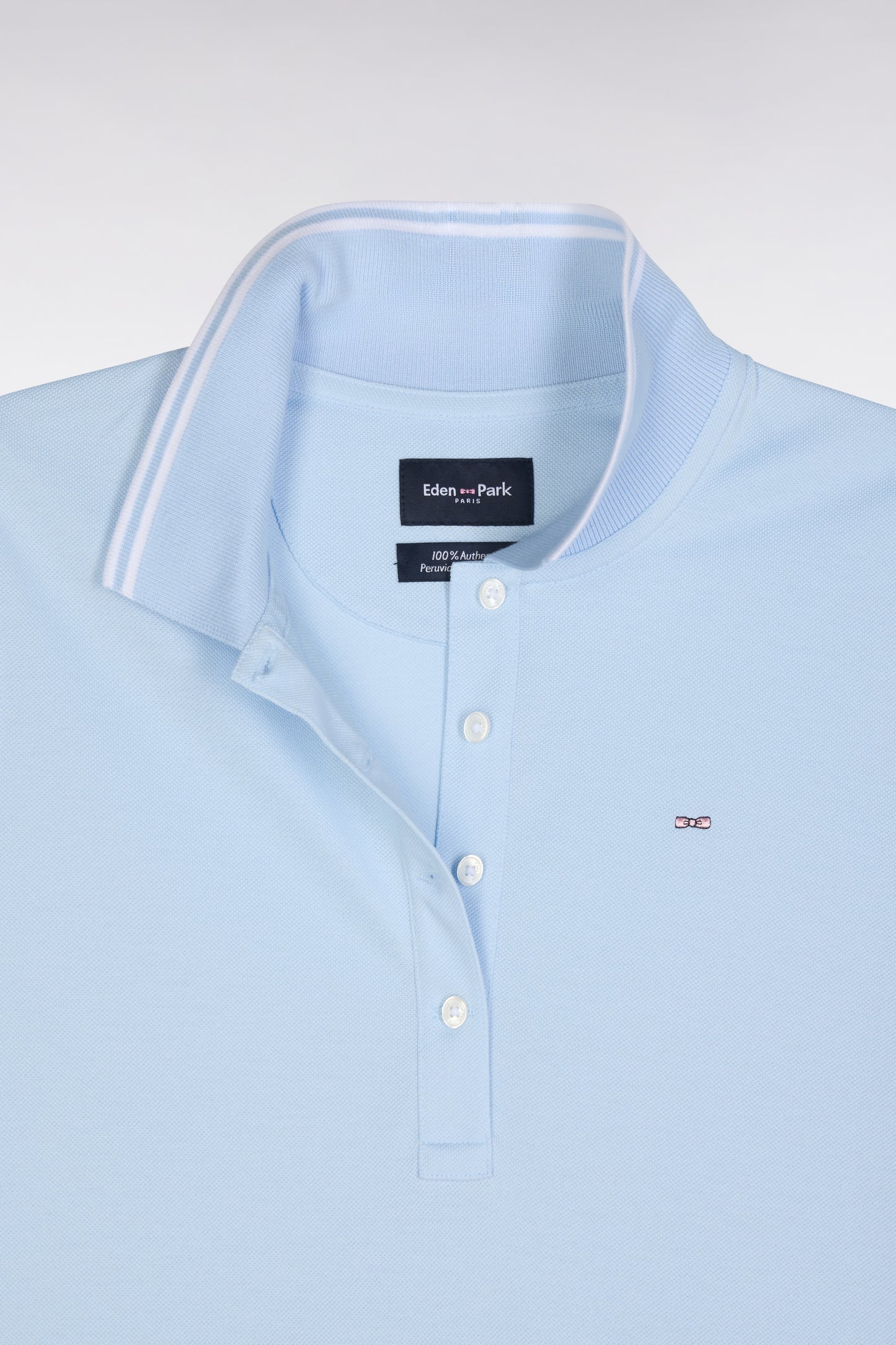 Short-sleeved polo shirt in sky blue Pima cotton piqué with striped accents