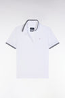 Short-sleeved polo shirt in white Pima cotton piqué with striped accents