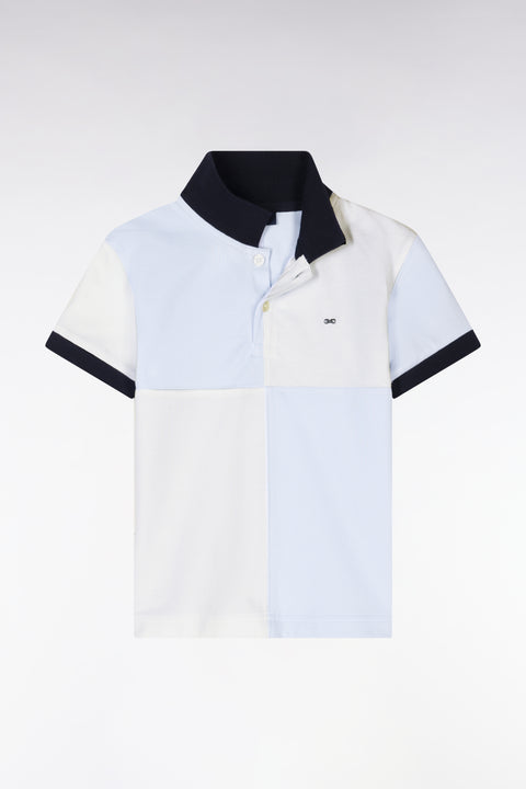 Straight-fit cut and sew short-sleeved polo shirt in sky blue and white cotton - Image 1