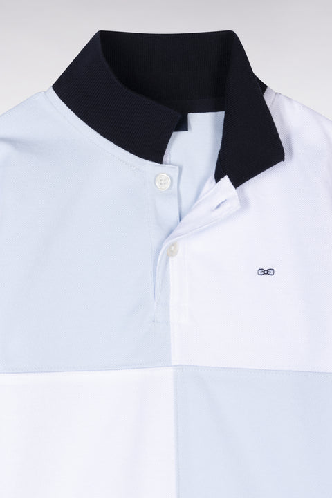 Straight-fit cut and sew short-sleeved polo shirt in sky blue and white cotton - Image 2