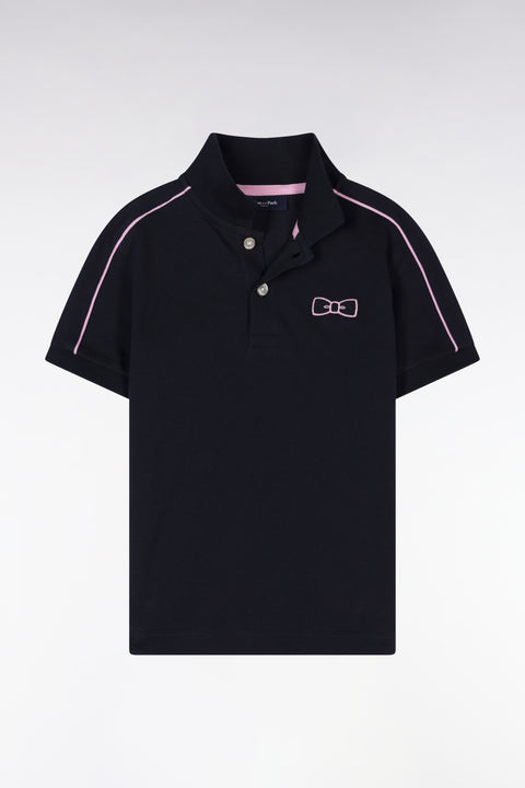 Straight-fit short-sleeved navy cotton piqué polo shirt with pink piping - Image 1