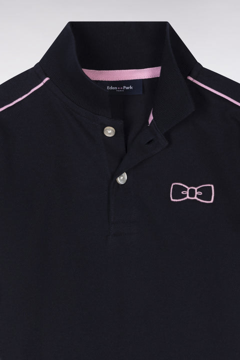 Straight-fit short-sleeved navy cotton piqué polo shirt with pink piping - Image 2