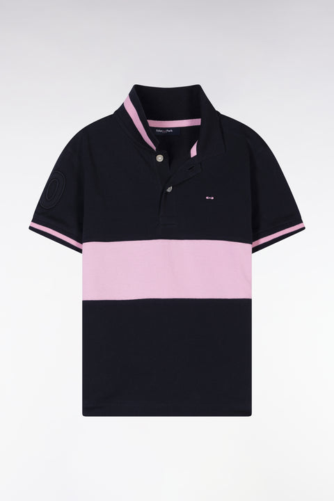 Straight-fit short-sleeved polo shirt in navy and pink cotton piqué - Image 1