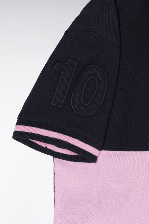 Straight-fit short-sleeved polo shirt in navy and pink cotton piqué - Image 2