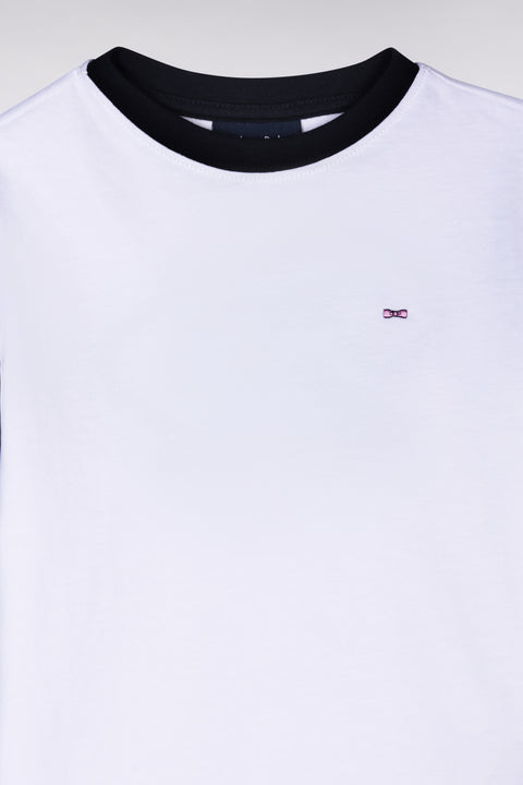 Navy and white cotton T-shirt with hooped back embroidery, straight cut - Image 3