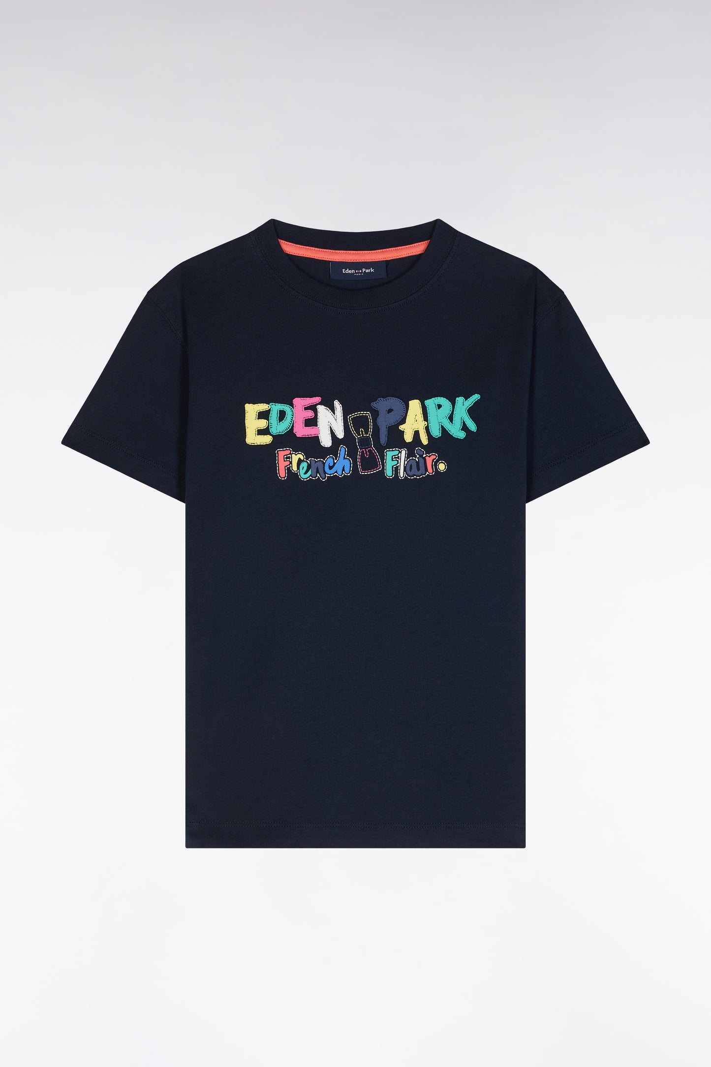 Straight-fit multicolor screen printed navy cotton t-shirt