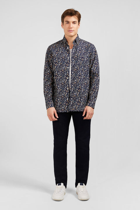 Dark blue poplin shirt with foliage print - Image 1