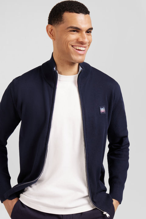 Navy cotton zipped jumper cardigan with tri-colour emblem - Image 3