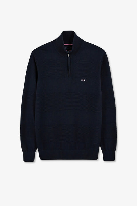 Navy semi-zipped sweater in cotton combination knit - Image 2
