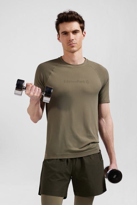 Khaki green short-sleeved sports T-shirt with striped details - Image 1