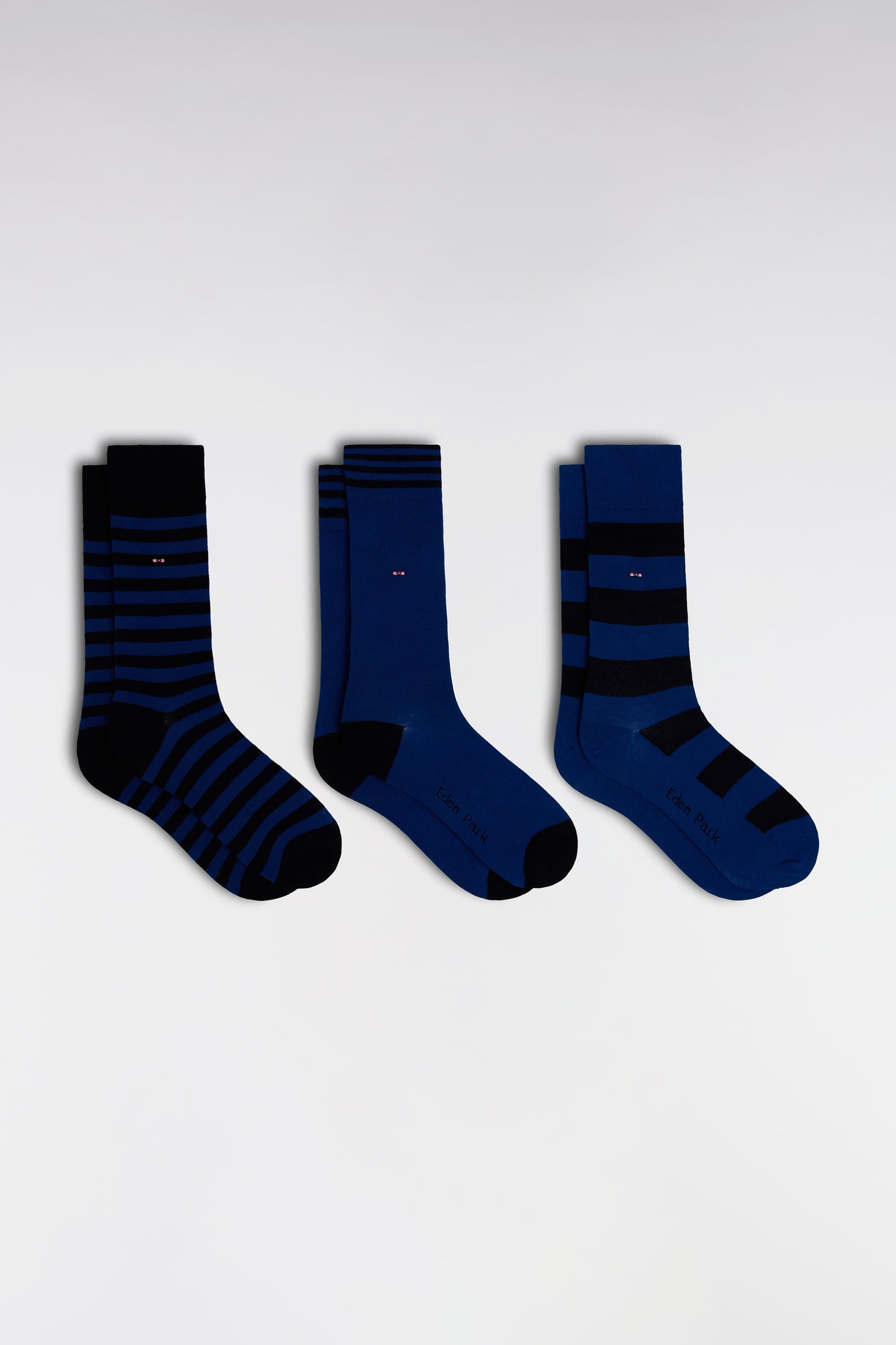 Pack of 3 pairs of navy and blue full-rimmed socks in stretch cotton blend