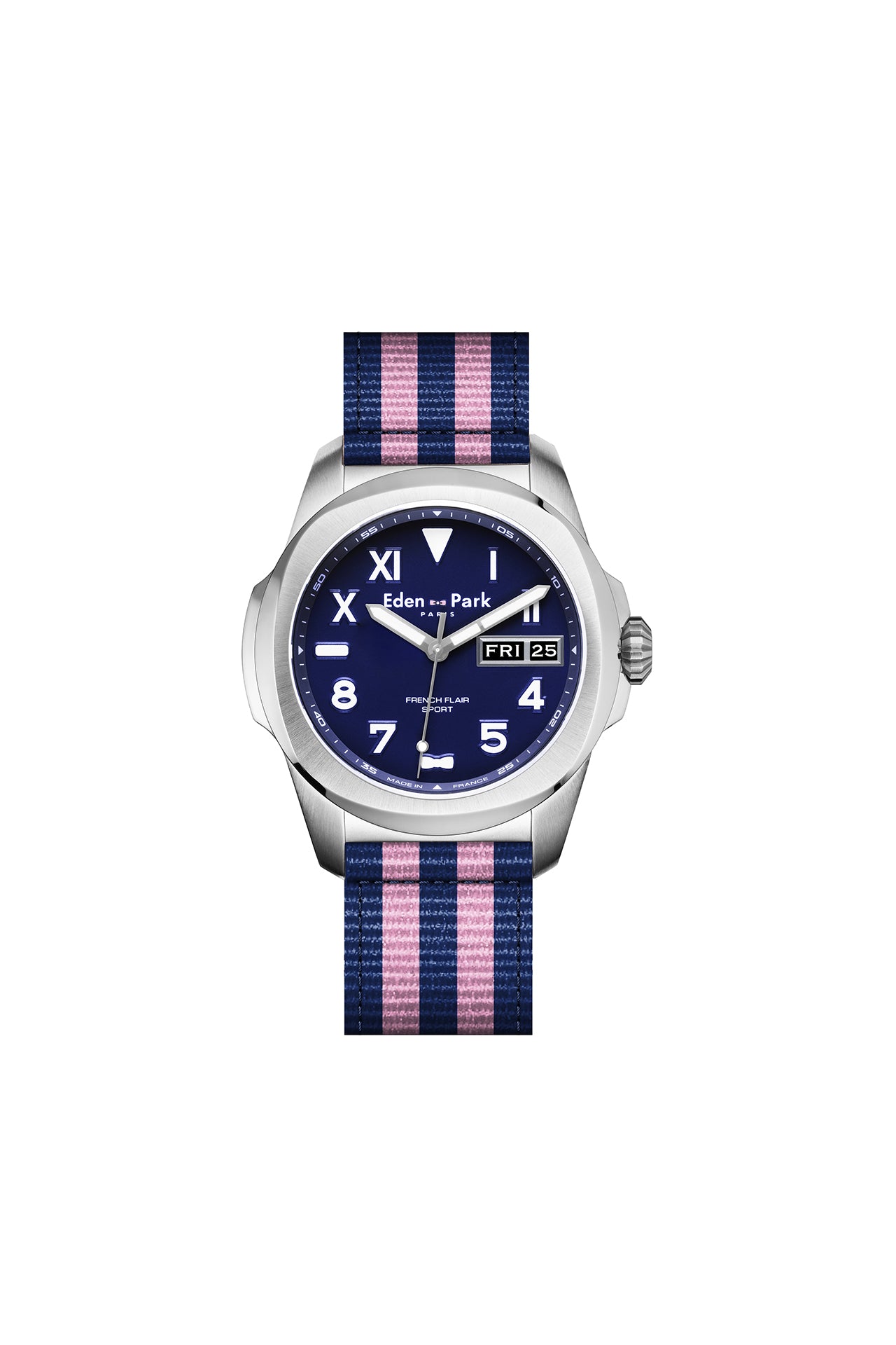 Quartz watch date indicator blue background striped NATO strap