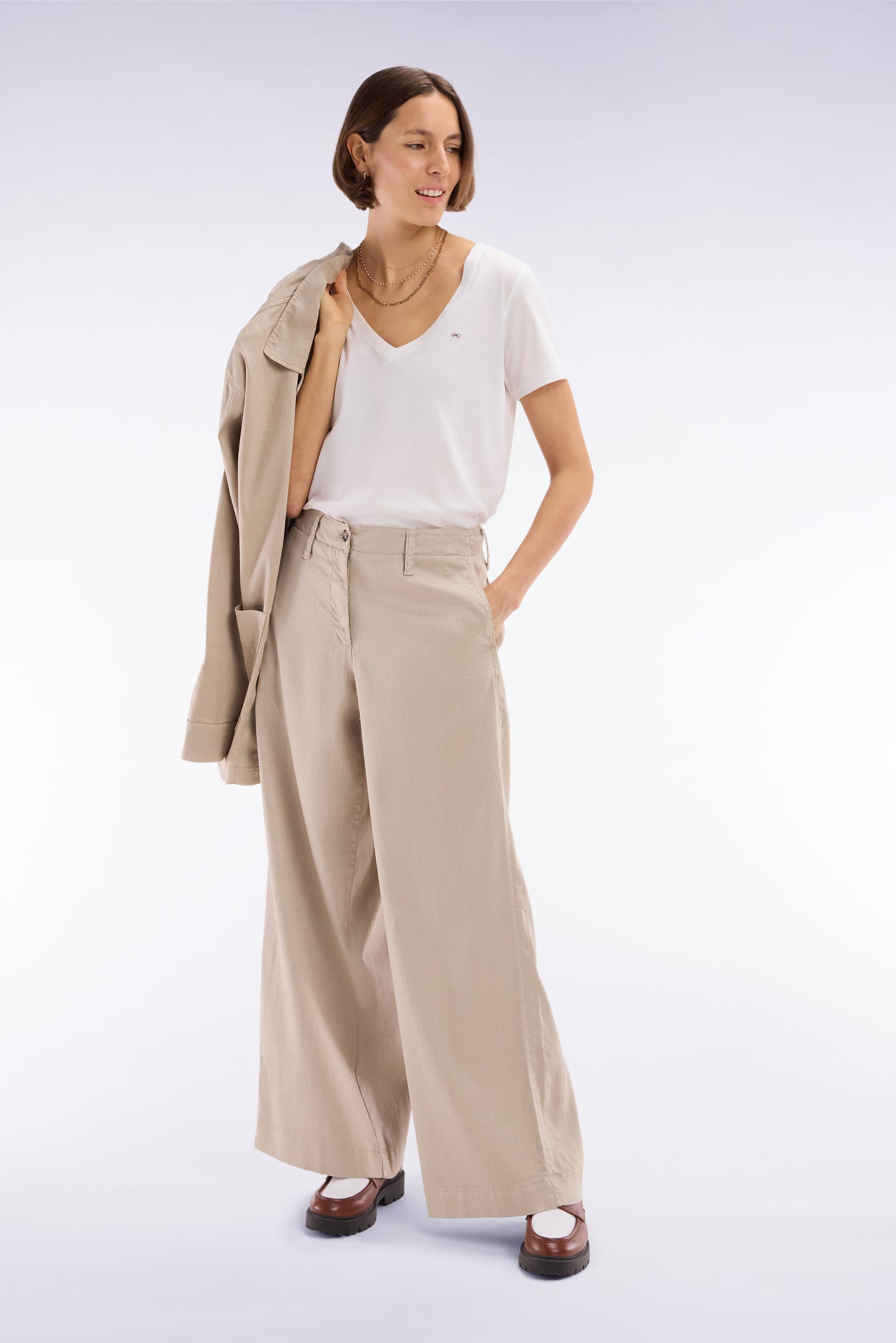 Relaxed fit beige stretch linen and cotton trousers