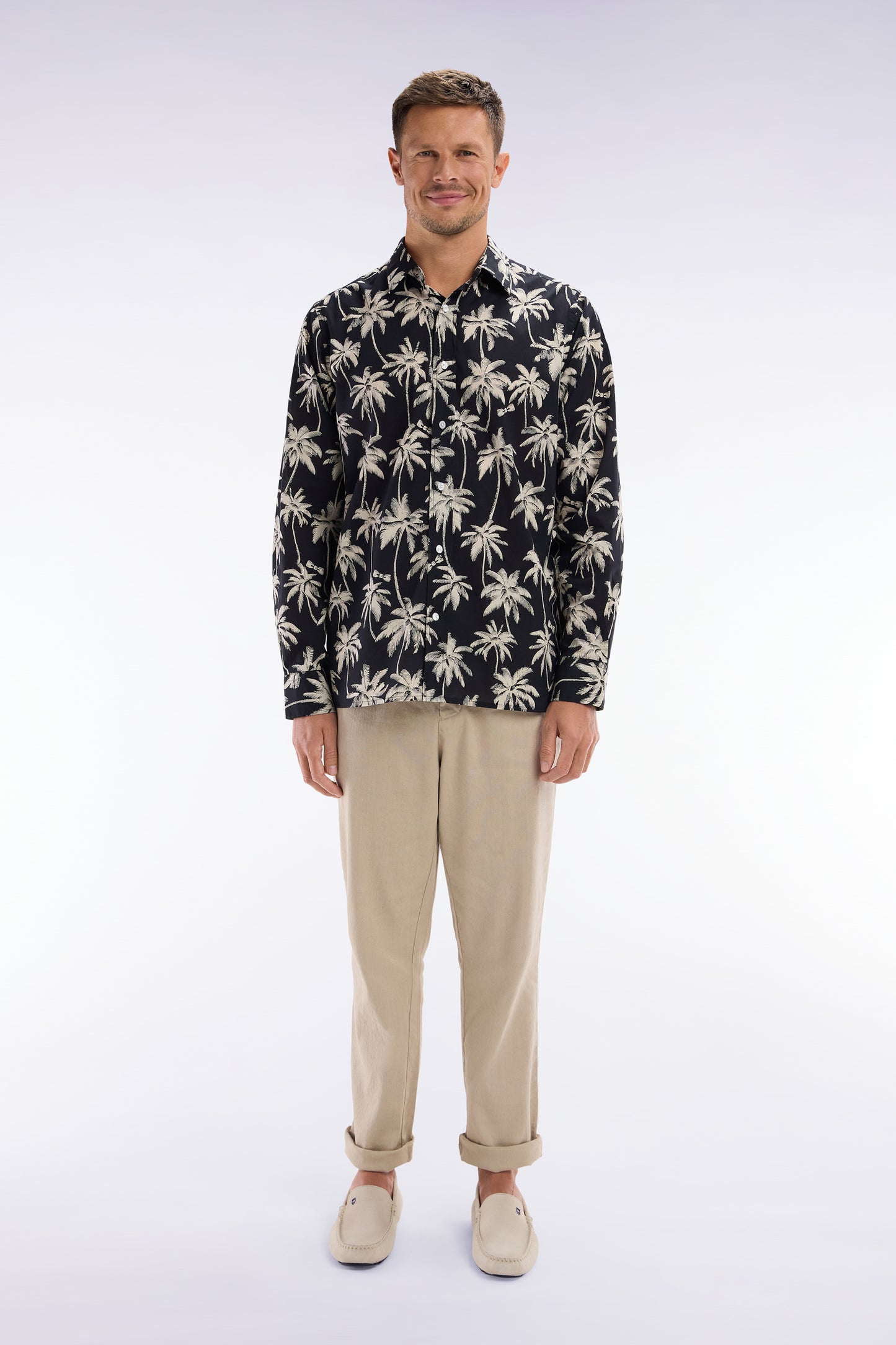 Flowing elastic trousers in beige stretch linen - cotton blend