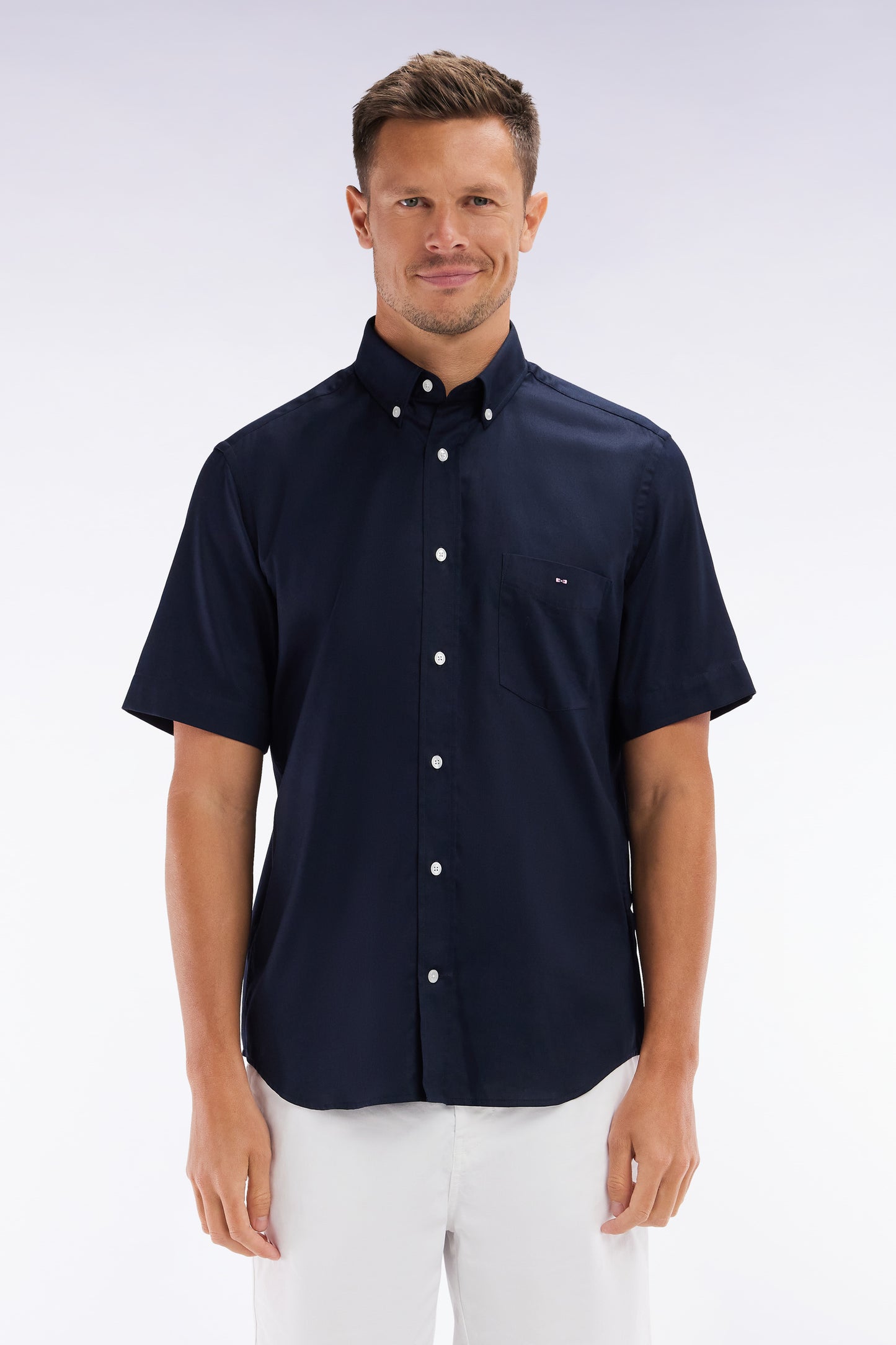 Straight navy cotton short-sleeved shirt
