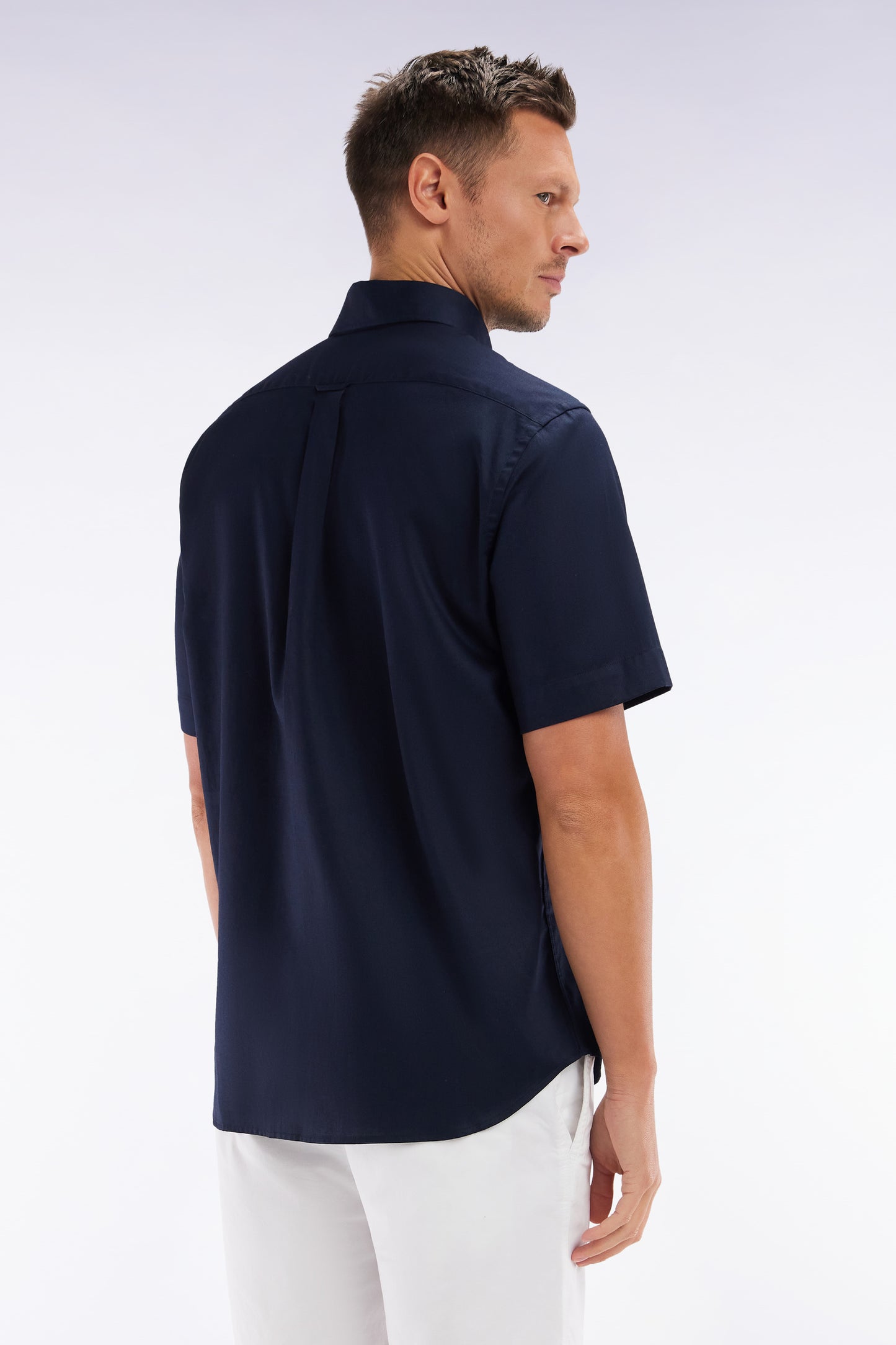 Straight navy cotton short-sleeved shirt