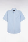 Straight short-sleeved shirt in sky blue striped poplin cotton