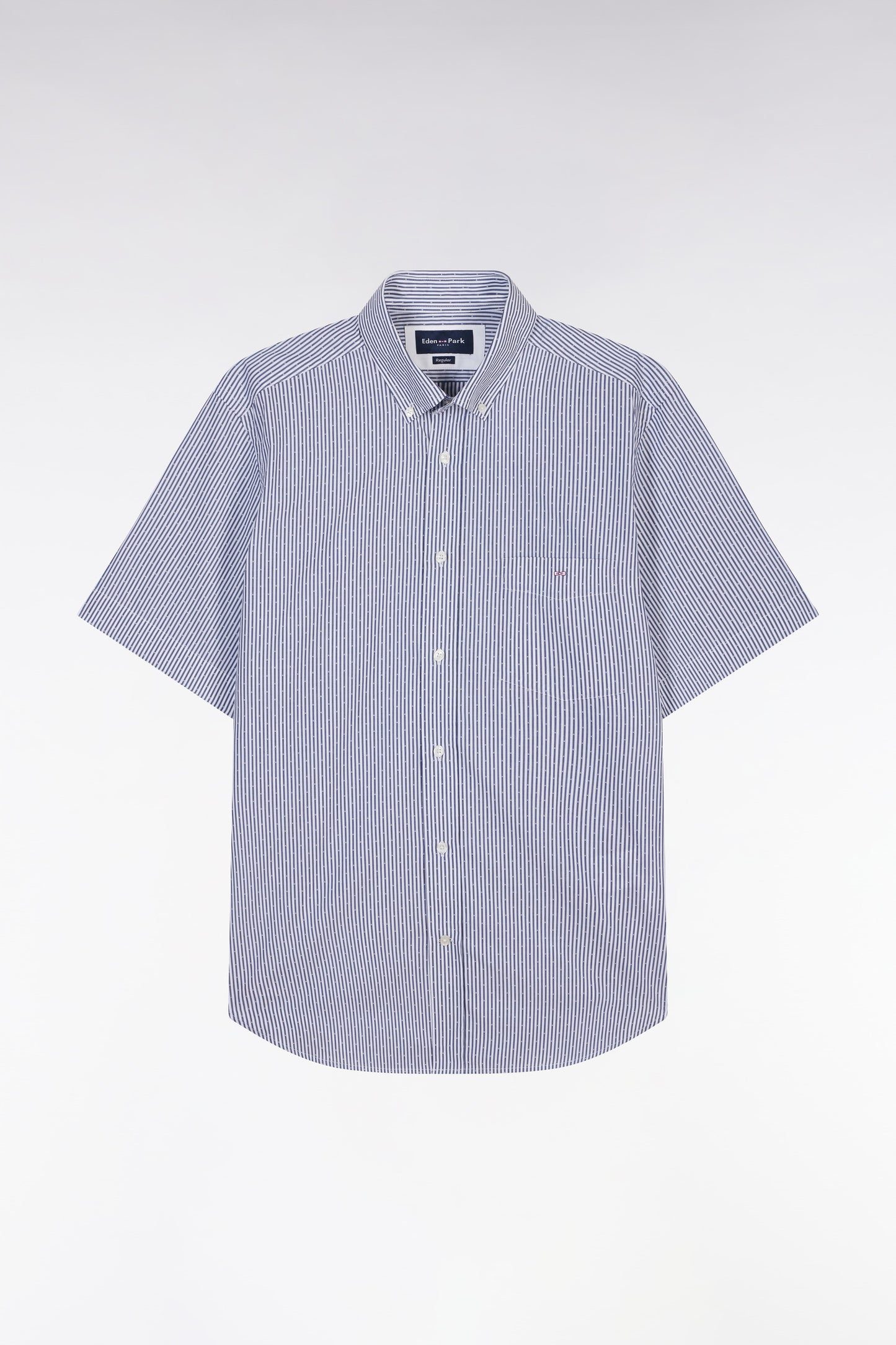 Straight short-sleeved shirt in dark blue striped jacquard