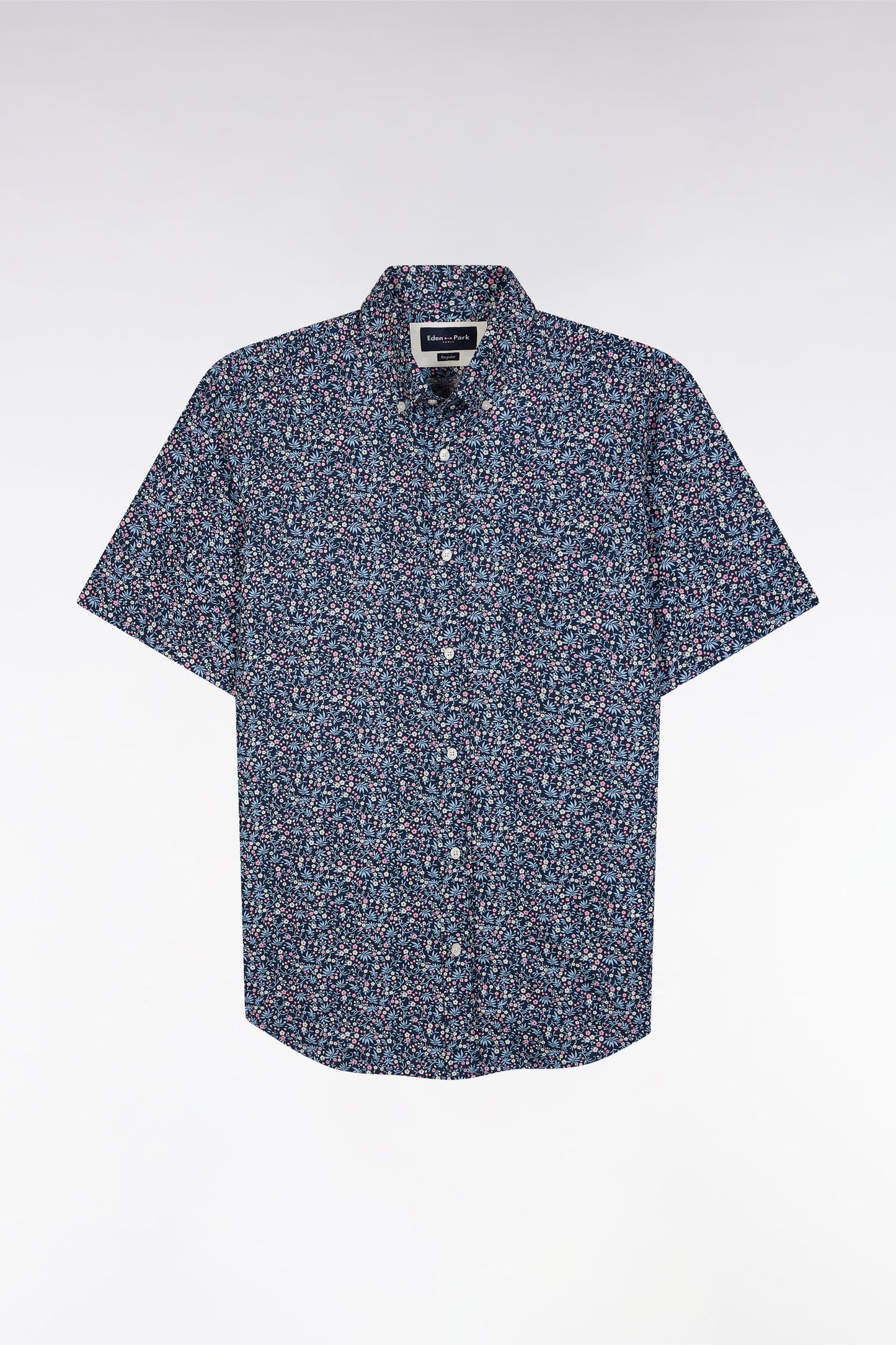 Straight short-sleeved navy shirt in cotton micro flowers print