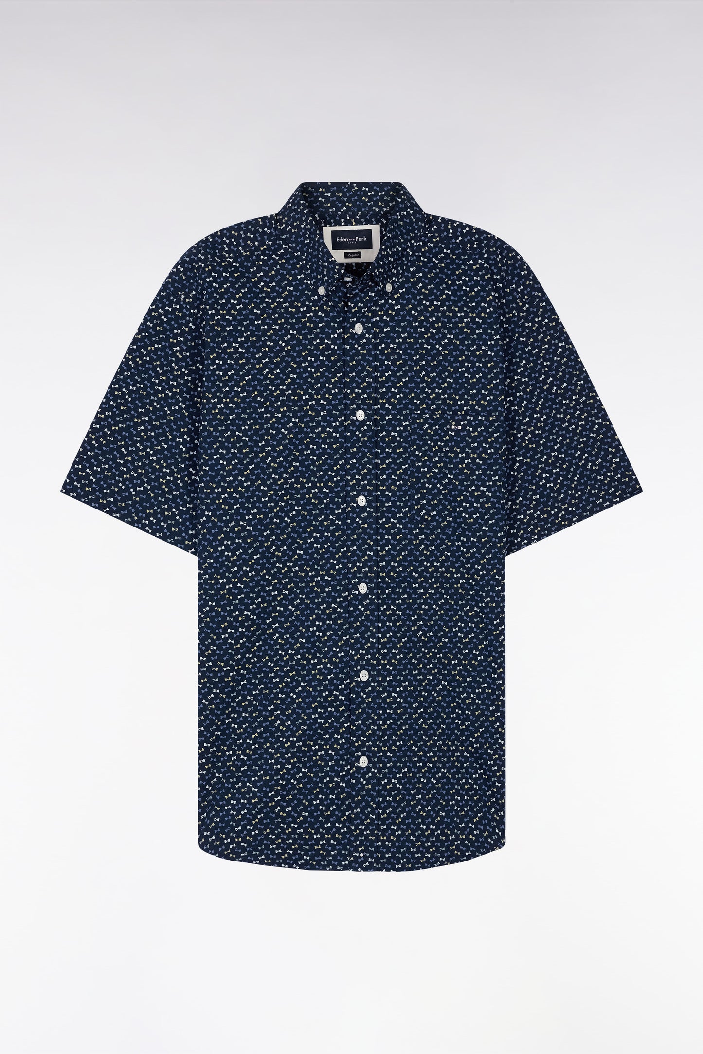 Straight short-sleeved dark grey shirt in cotton poplin with multicolored bow tie print