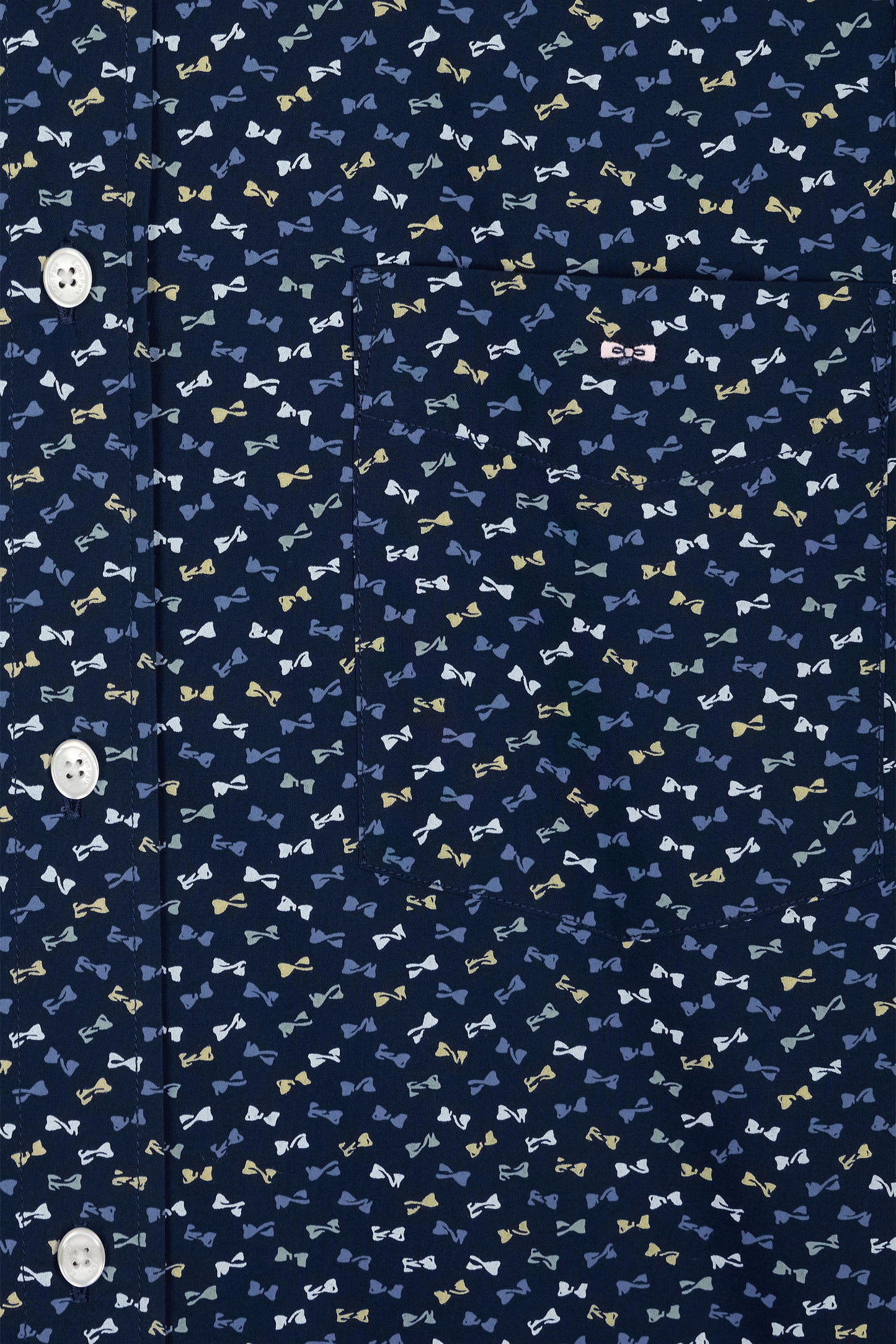 Straight short-sleeved dark grey shirt in cotton poplin with multicolored bow tie print
