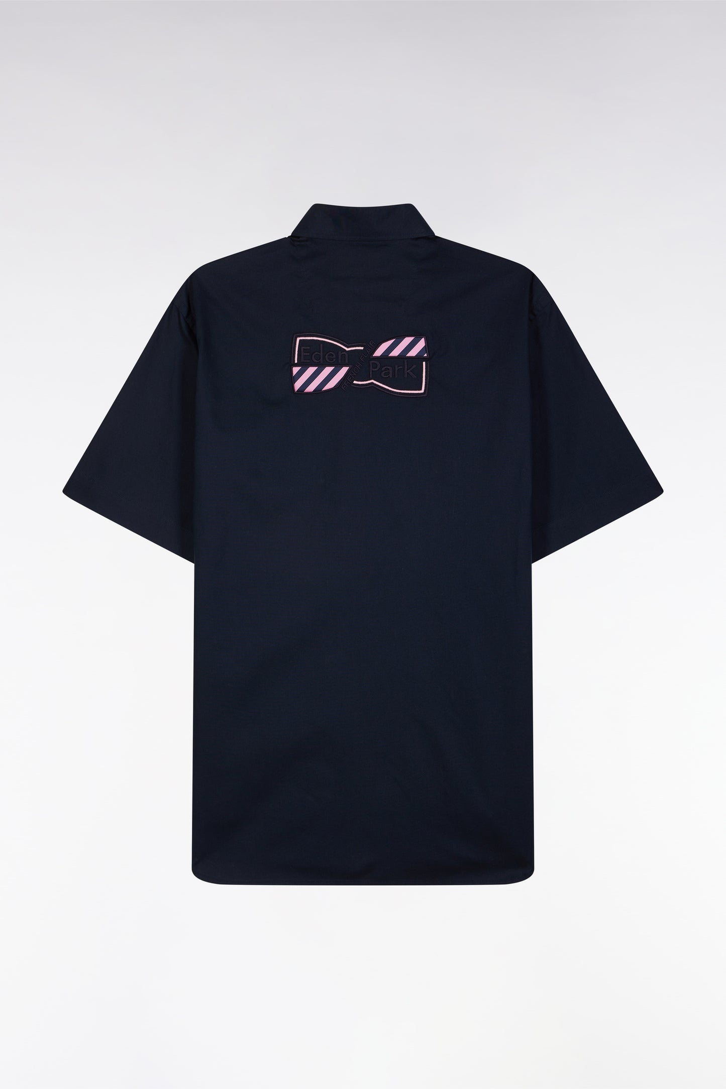 Straight short-sleeved shirt in navy cotton, embroidery and full-rimmed button placket