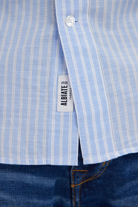 Straight striped short-sleeved sky blue cotton shirt - Image 3