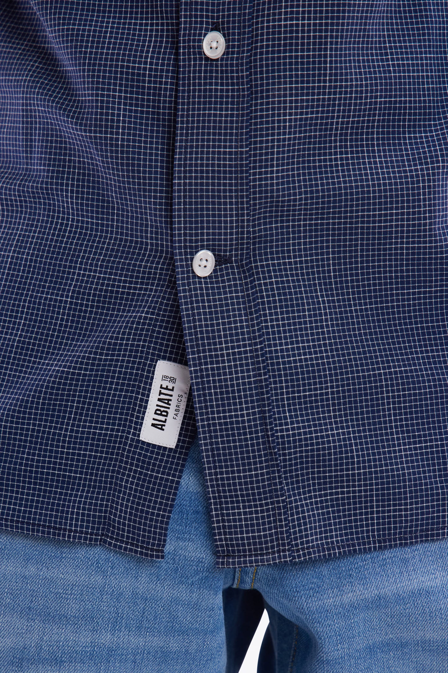 Straight short-sleeved indigo cotton shirt in microplaid print