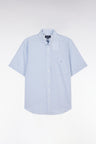 Straight-fit short sleeved sky blue gingham checked cotton shirt