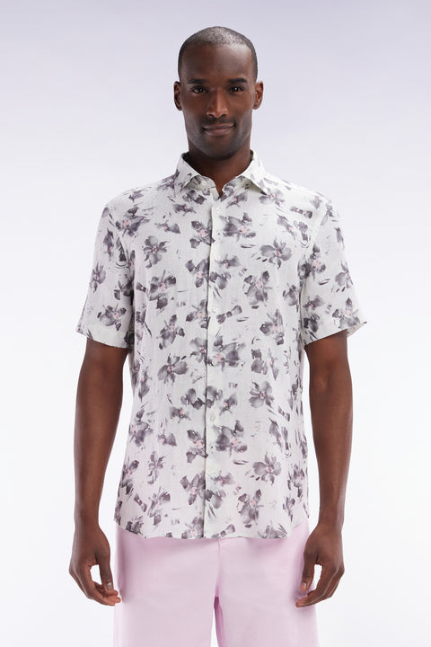 Slim-fit short-sleeved ecru linen shirt with grey floral print - Image 1