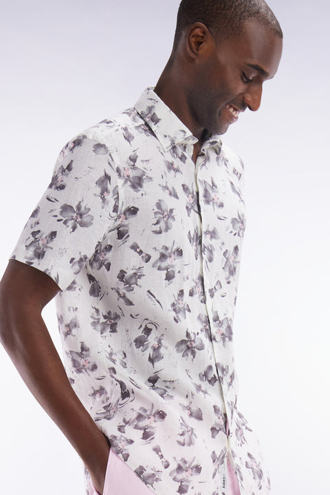 Slim-fit short-sleeved ecru linen shirt with grey floral print - Image 3