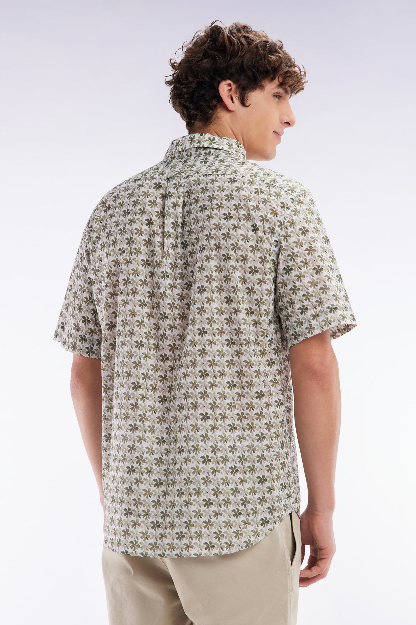 Straight-fit sort-sleeved shirt in khaki cotton with graphic floral print