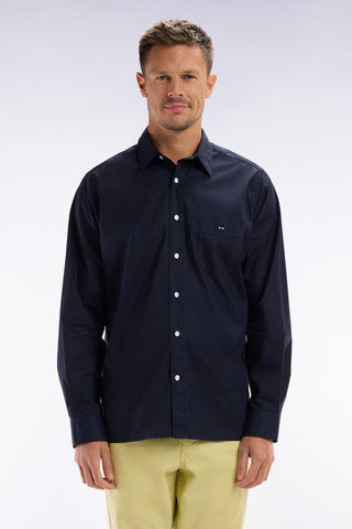 Straight-fit unisex shirt in navy stretch cotton and lyocell