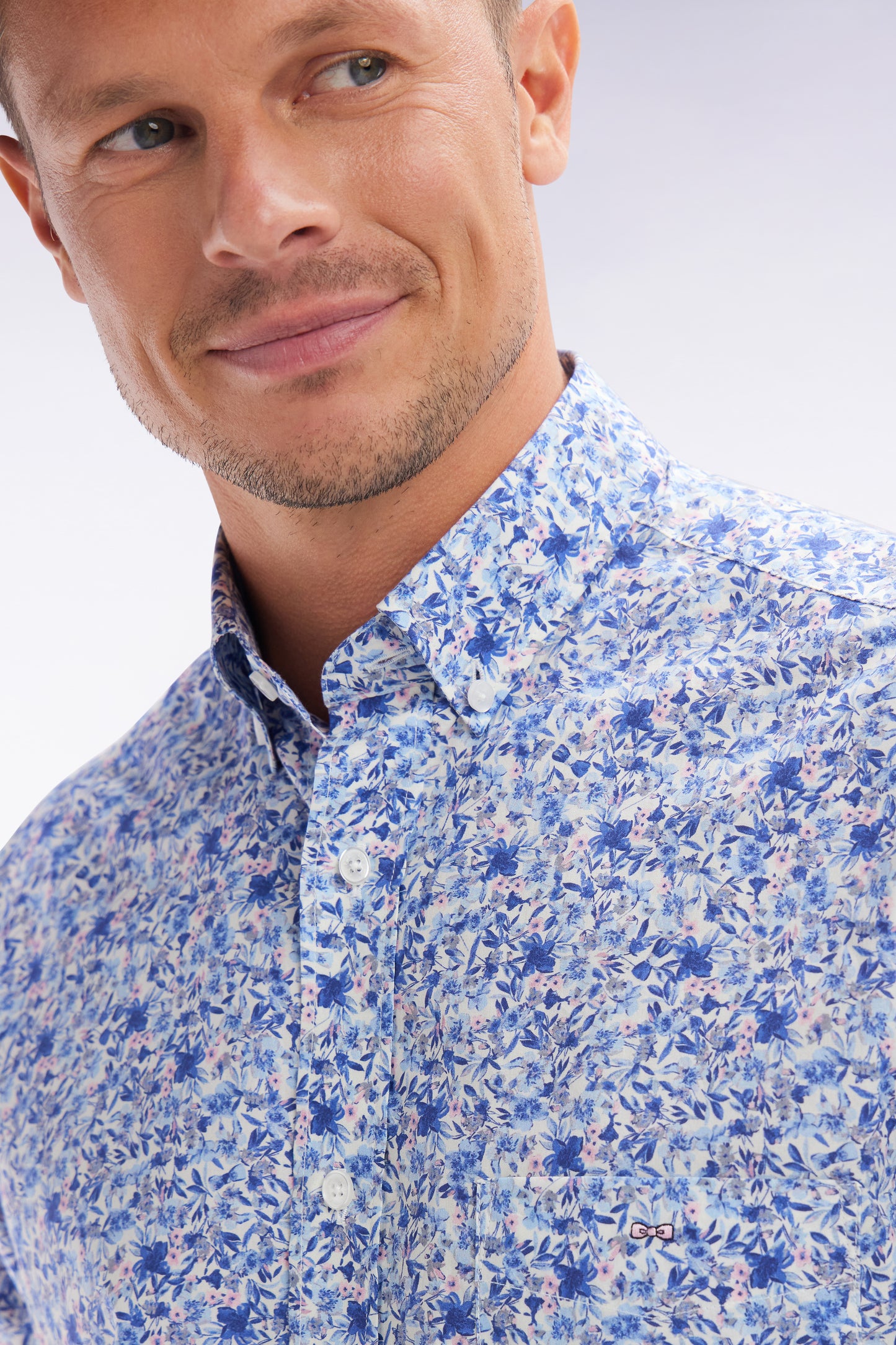 Straight-fit sky blue micro-patterned Pima cotton shirt