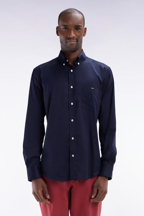 Straight-fit navy cotton twill shirt - Image 1