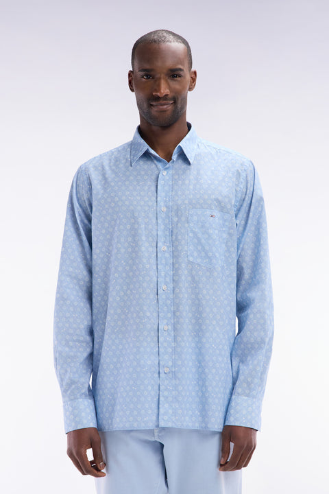 Straight-fit white printed sky blue cotton poplin shirt - Image 1