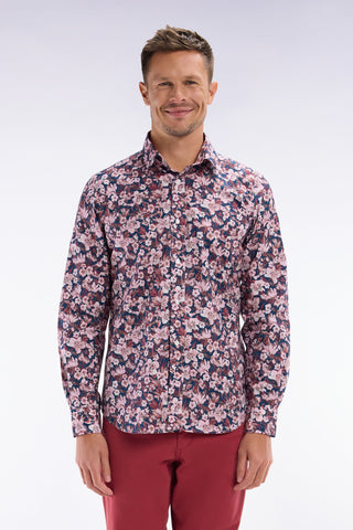Straight-fit cotton poplin shirt with burgundy floral print