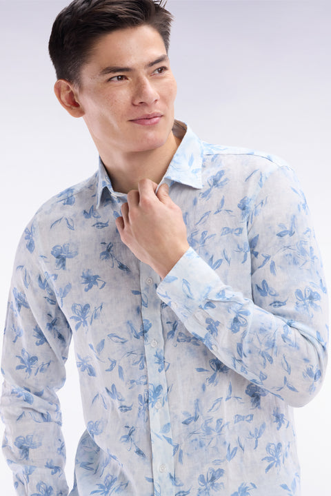 Slim-fit sky blue linen shirt with floral print - Image 3