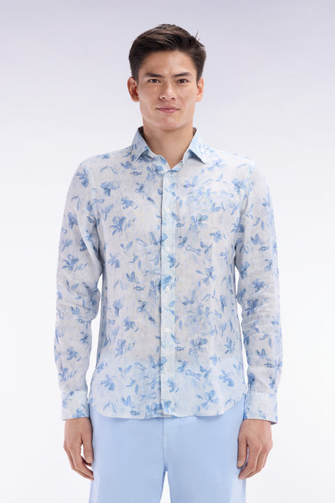 Slim-fit sky blue linen shirt with floral print - Image 1