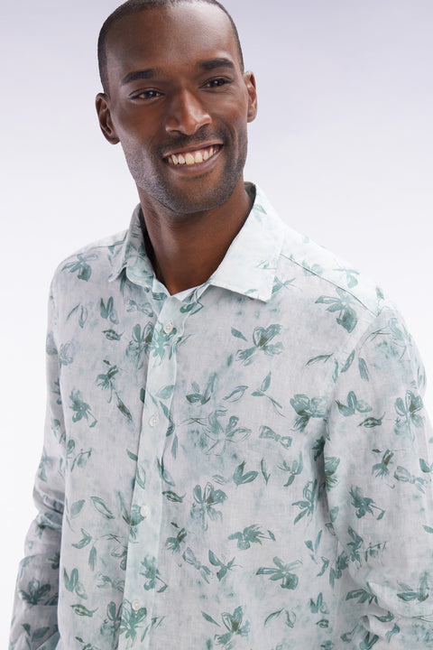Slim-fit green linen shirt with floral print - Image 3
