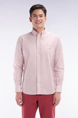 Straight-fit cotton poplin shirt with pink graphic microprint
