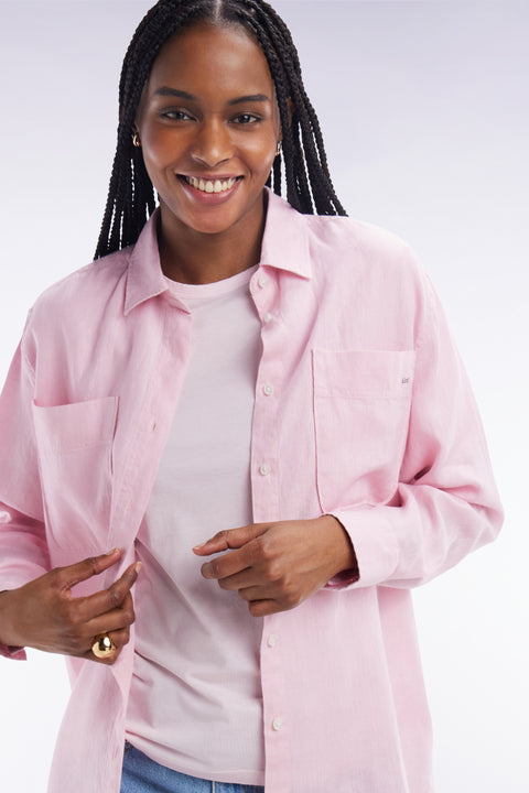 Oversized pink linen shirt with patch pockets - Image 1