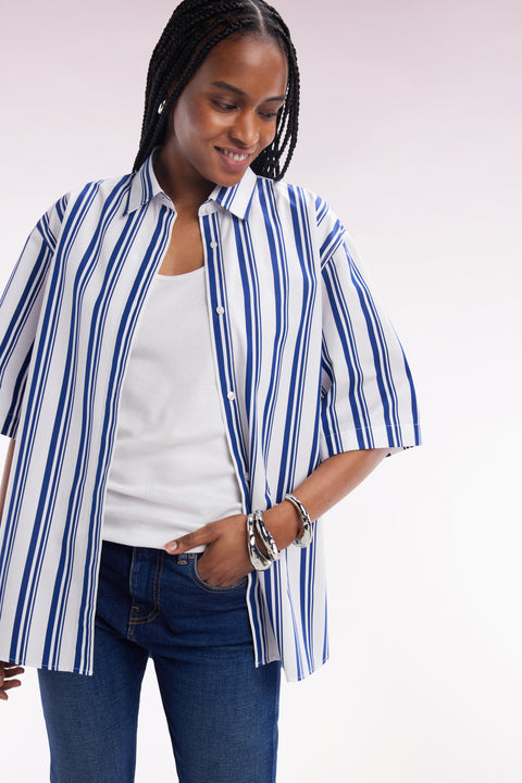 Oversized short-sleeved striped shirt in navy and white cotton - Image 1