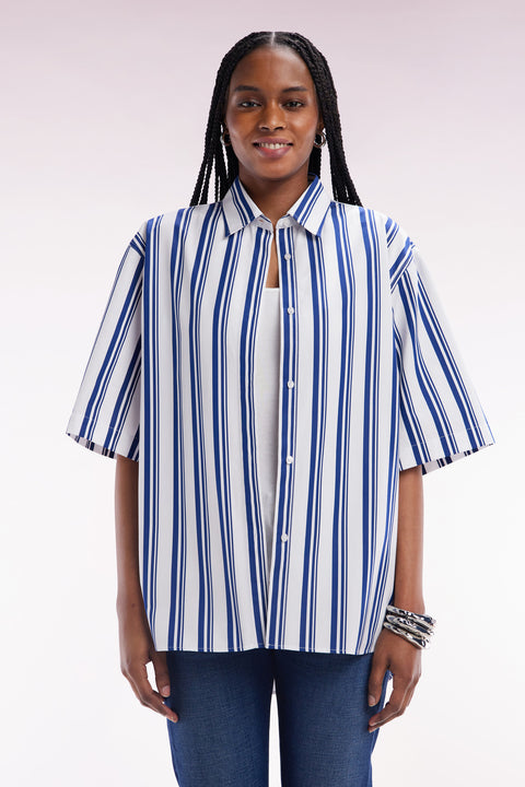 Oversized short-sleeved striped shirt in navy and white cotton - Image 3