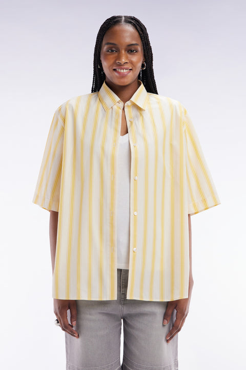 Oversized striped short-sleeved shirt in yellow and white cotton - Image 3