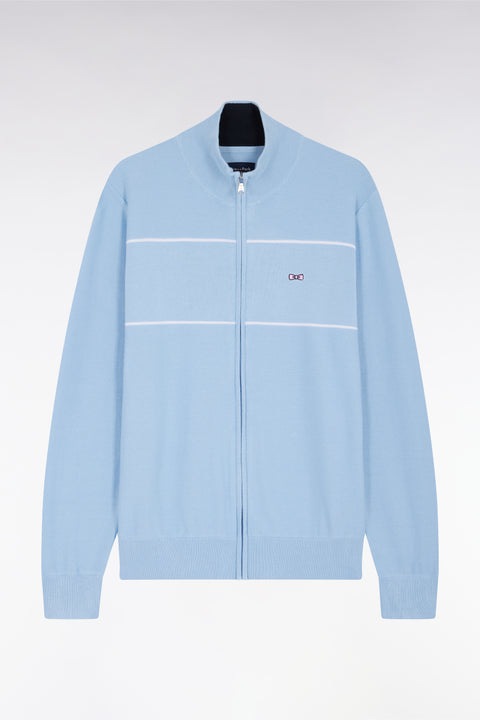 Zip-up trucker-collar cardigan in sky cotton with pink piping effect, straight cut - Image 1