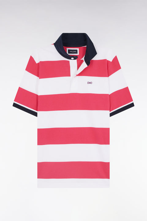 Short-sleeved jersey in fuchsia and white ringed Pima cotton, straight cut - Image 2